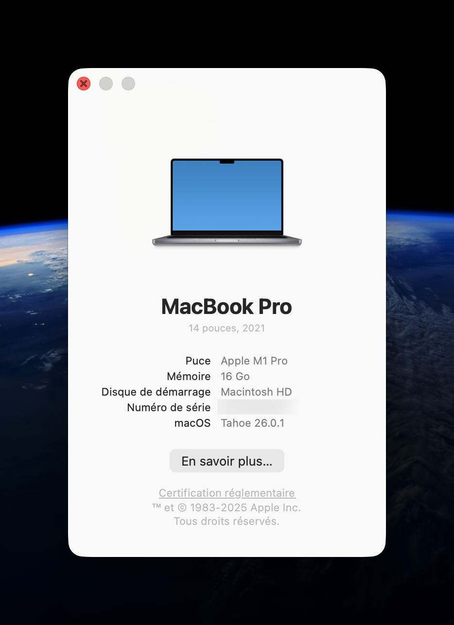 À propos de mon Mac, sur un MacBook Pro équipé de macOS 26.0.1