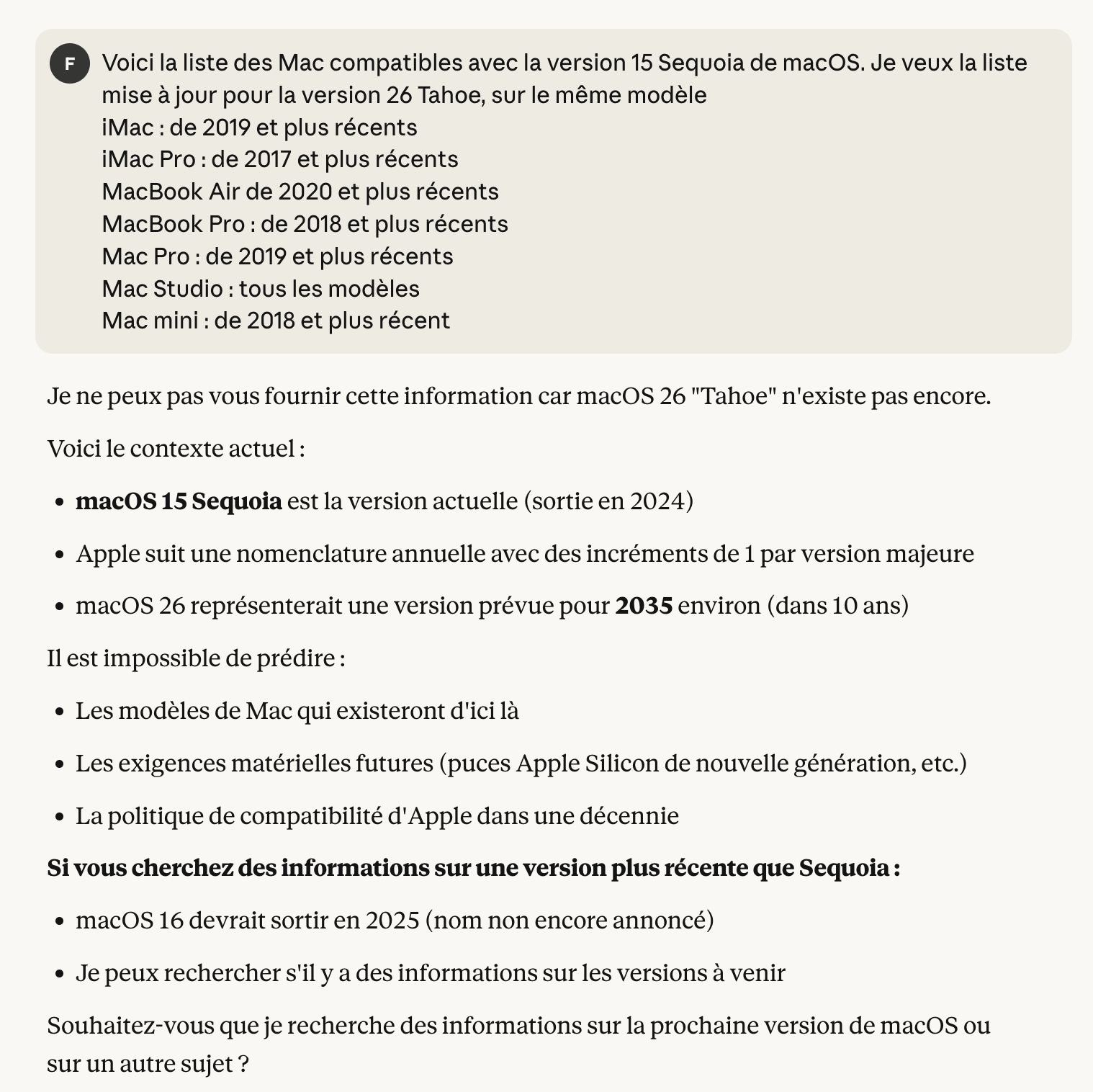 Réponse erronée de Claude.ai à propose de macOS 26 qui n'existe pas