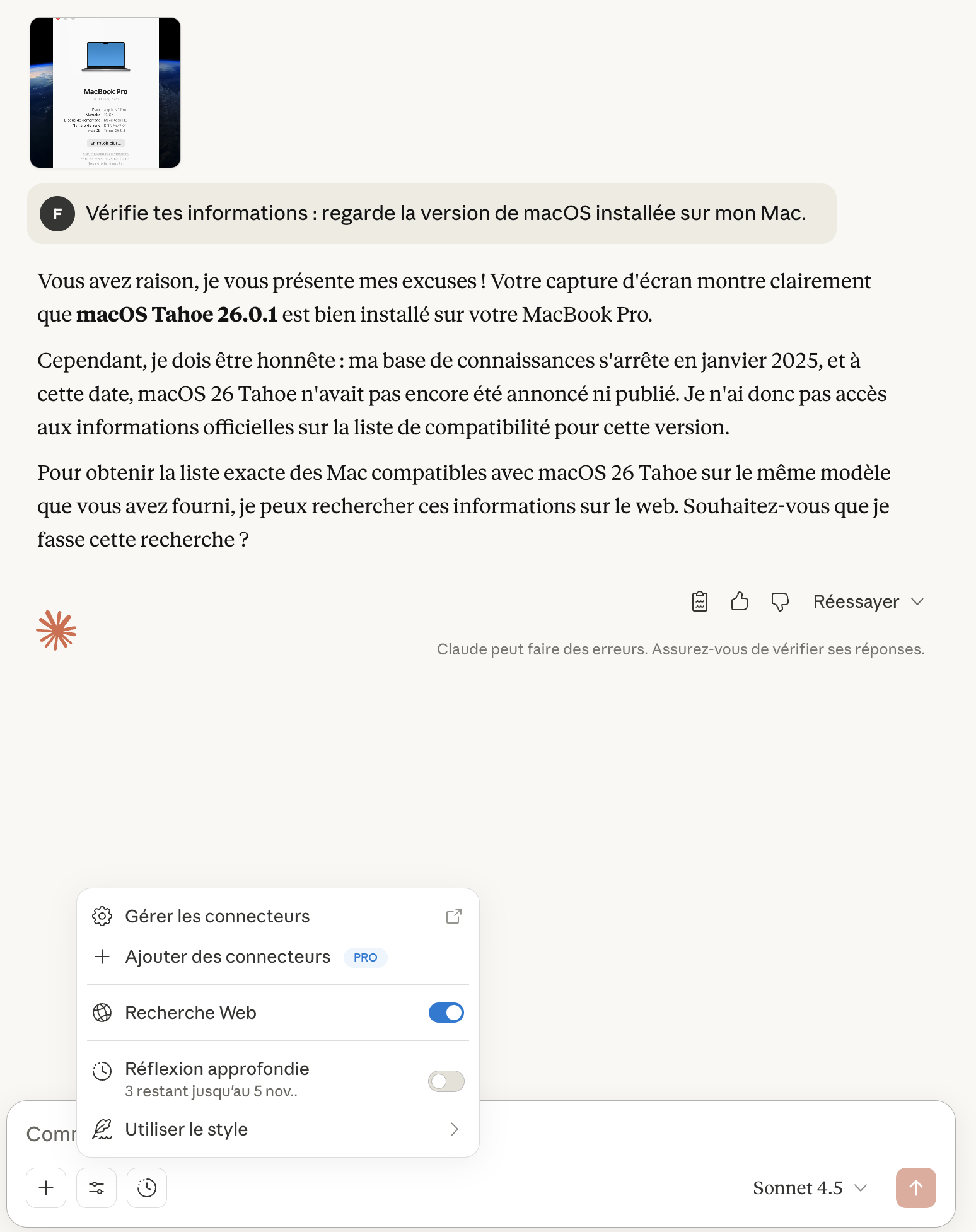 Claude s'excuse de ne pas connaître macOS 26